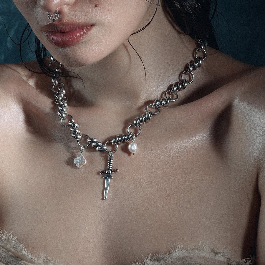 FORTUNE. Dagger & Pearl Charm Necklace - Silver dagger pearl quatrefoil charm gothic necklace silver twisted rope chain