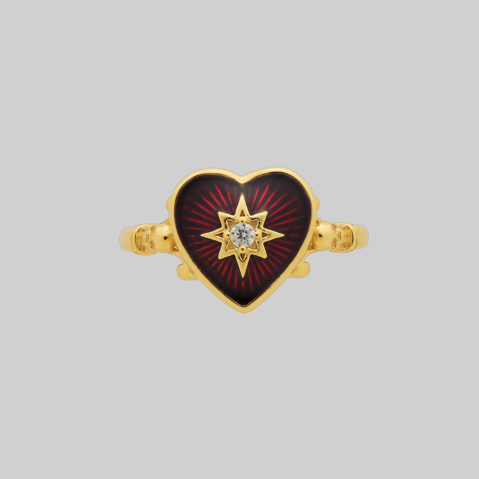 Gothic gold red heart enamel statement georgian inspired ring