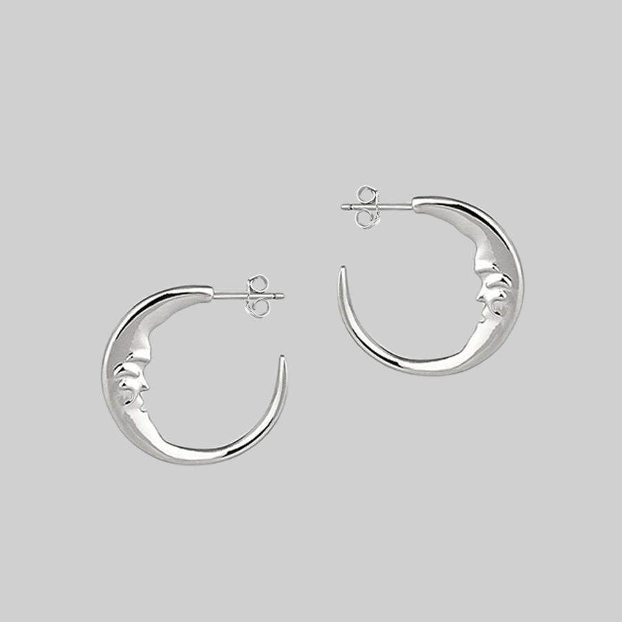 Gothic silver moon hoop earrings