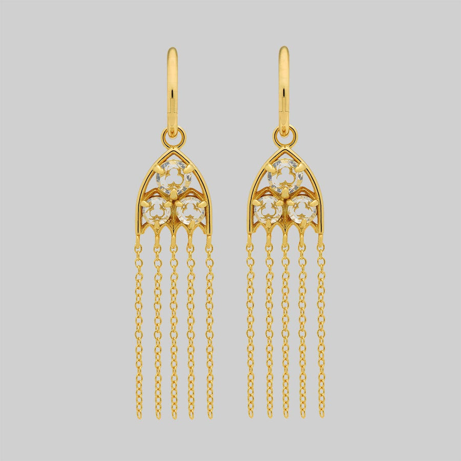 REVERENT. Gothic Window Glass Drop Earrings - Gold