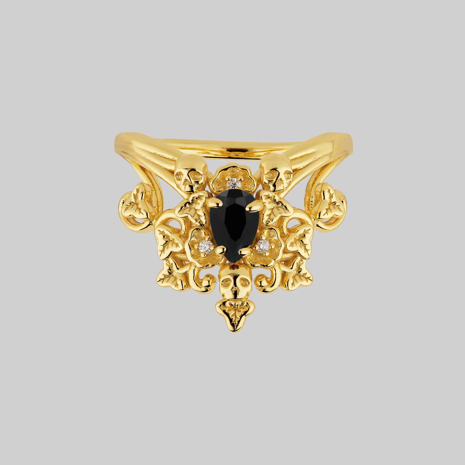 Gothic gold black onyx ring with skulls