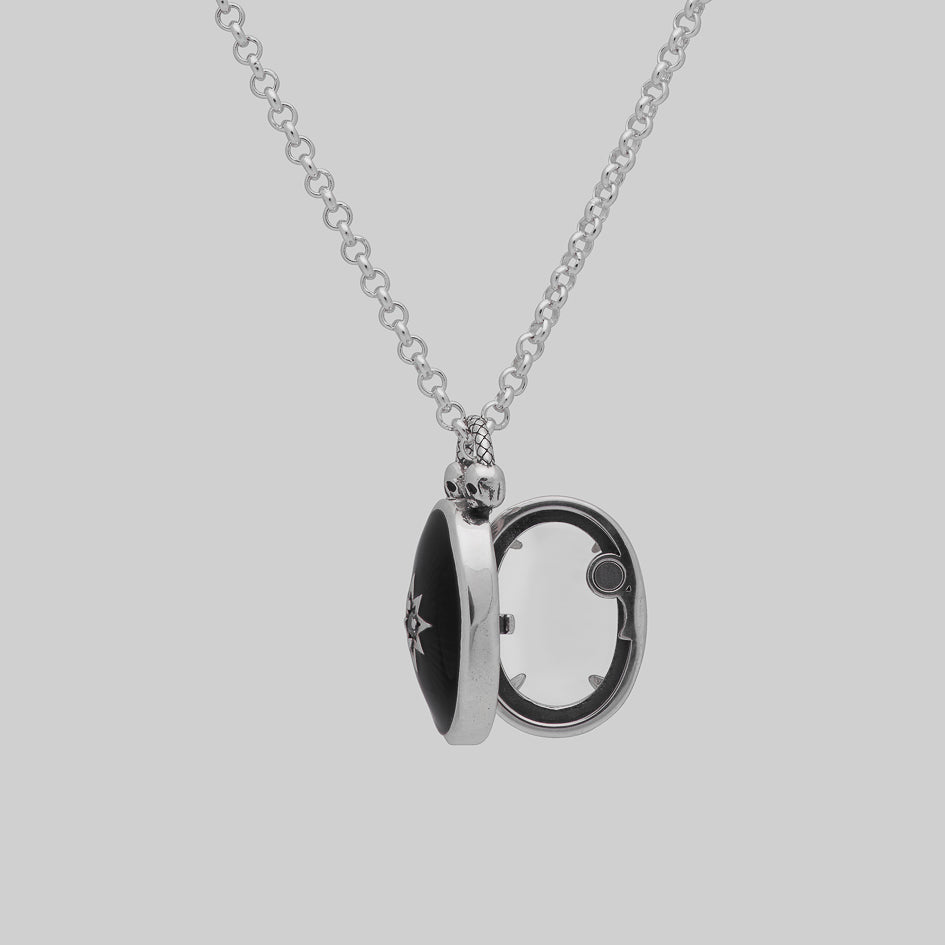 Gothic black oval locket georgian inspired skull necklace silver chain