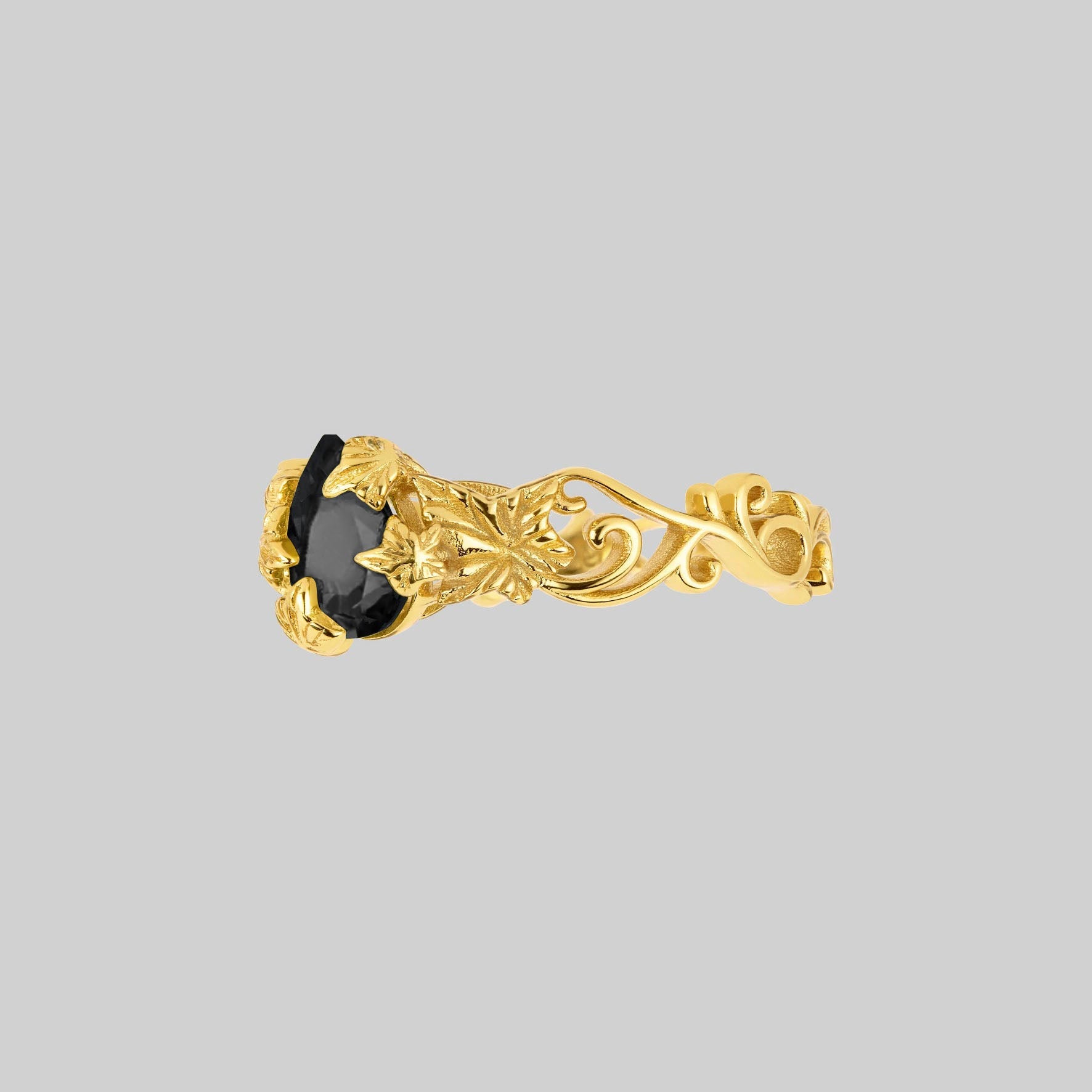 black onyx stone gold ring with gothic vines edgy jewellery