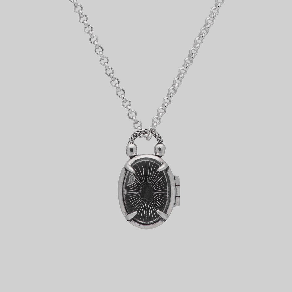 Black gothic oval locket georgian inspired skull necklace silver chain