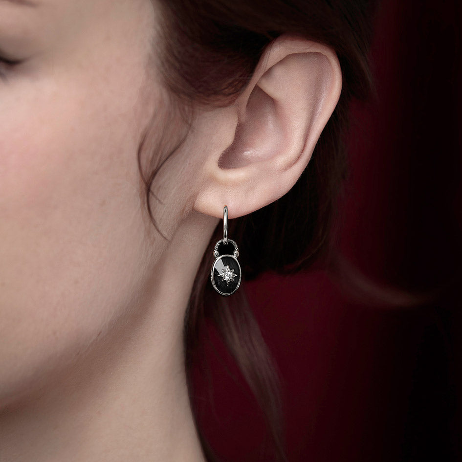 Gothic black enamel oval padlock hoop earrings silver