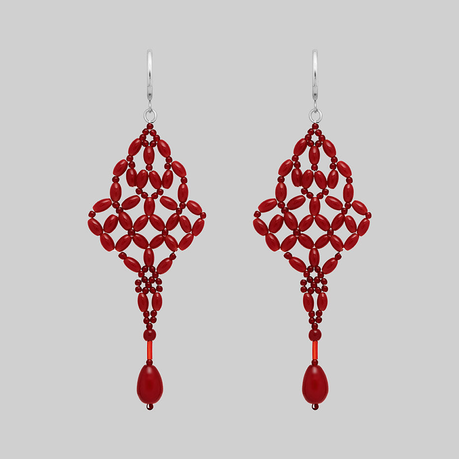 Red beaded chandelier drop earrings with silver hoops, pair