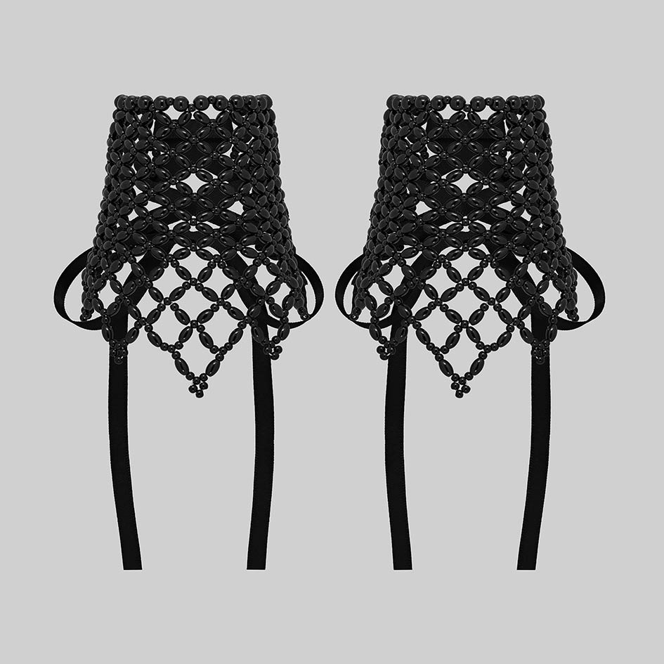 Black beaded corset cuffs, pair, front view