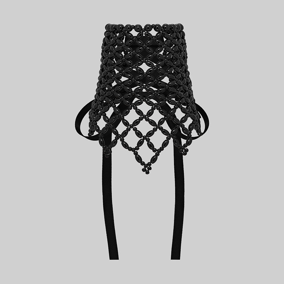 Single black beaded corset cuff, front view