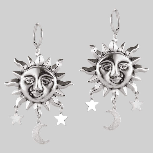 HELIOS. Sun Moon Dream Catcher Hoop Earrings Silver REGALROSE