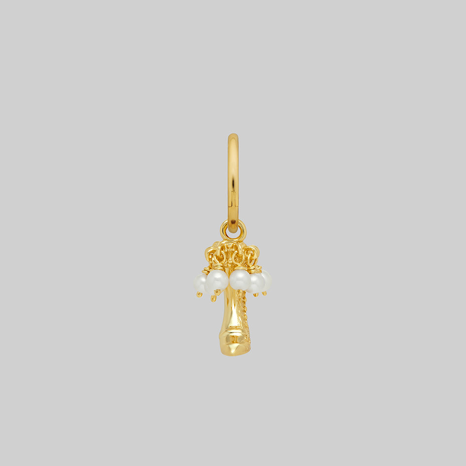 Single gold witches boot pearl hoop earring, front view