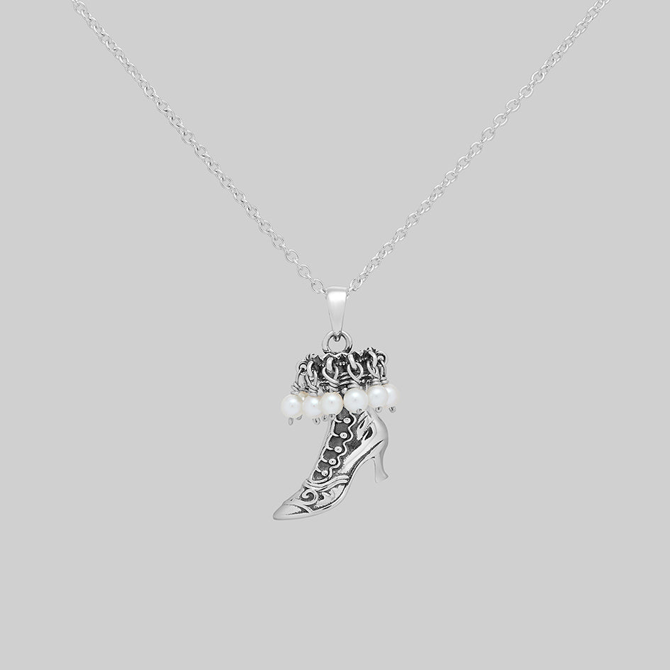 Silver witches boot pendant necklace with pearl drops