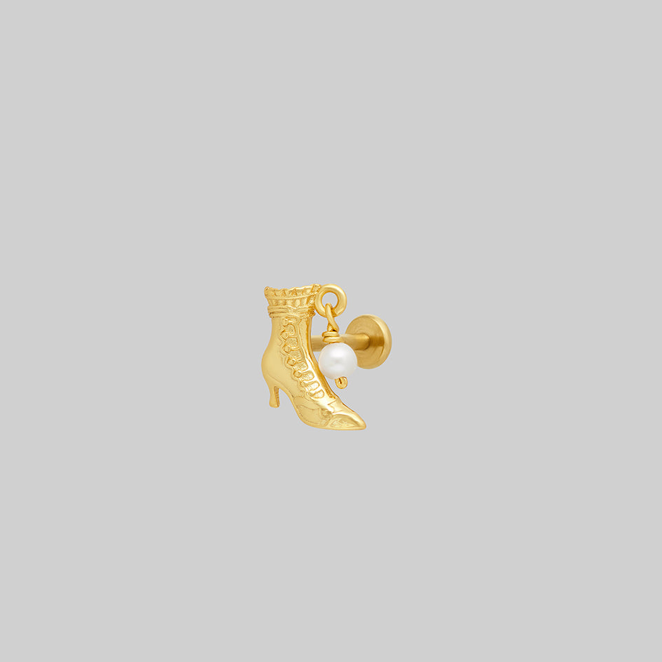 Gold witches boot stud earring, showing flat back post