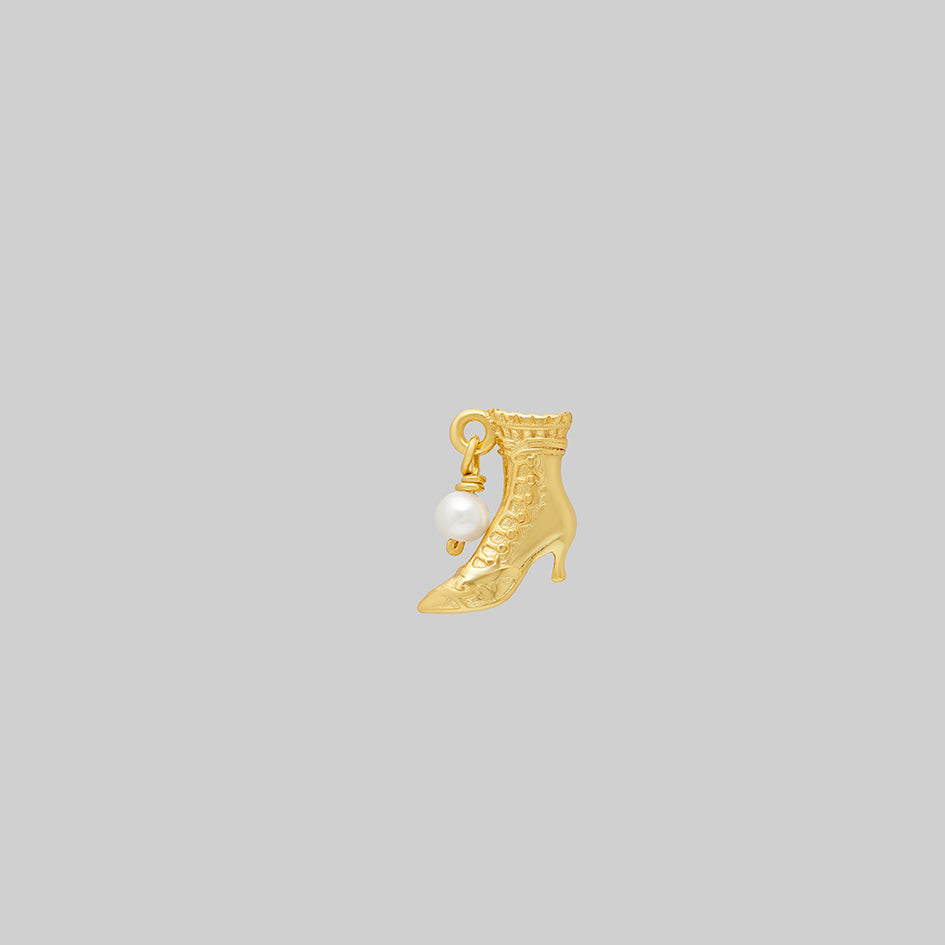 Gold witches boot stud earring with single pearl drop
