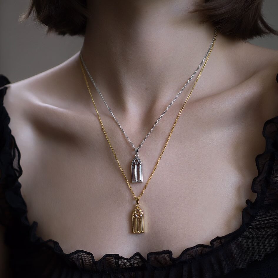 Gold Silver Cathedral Gothic Glass Window Necklace