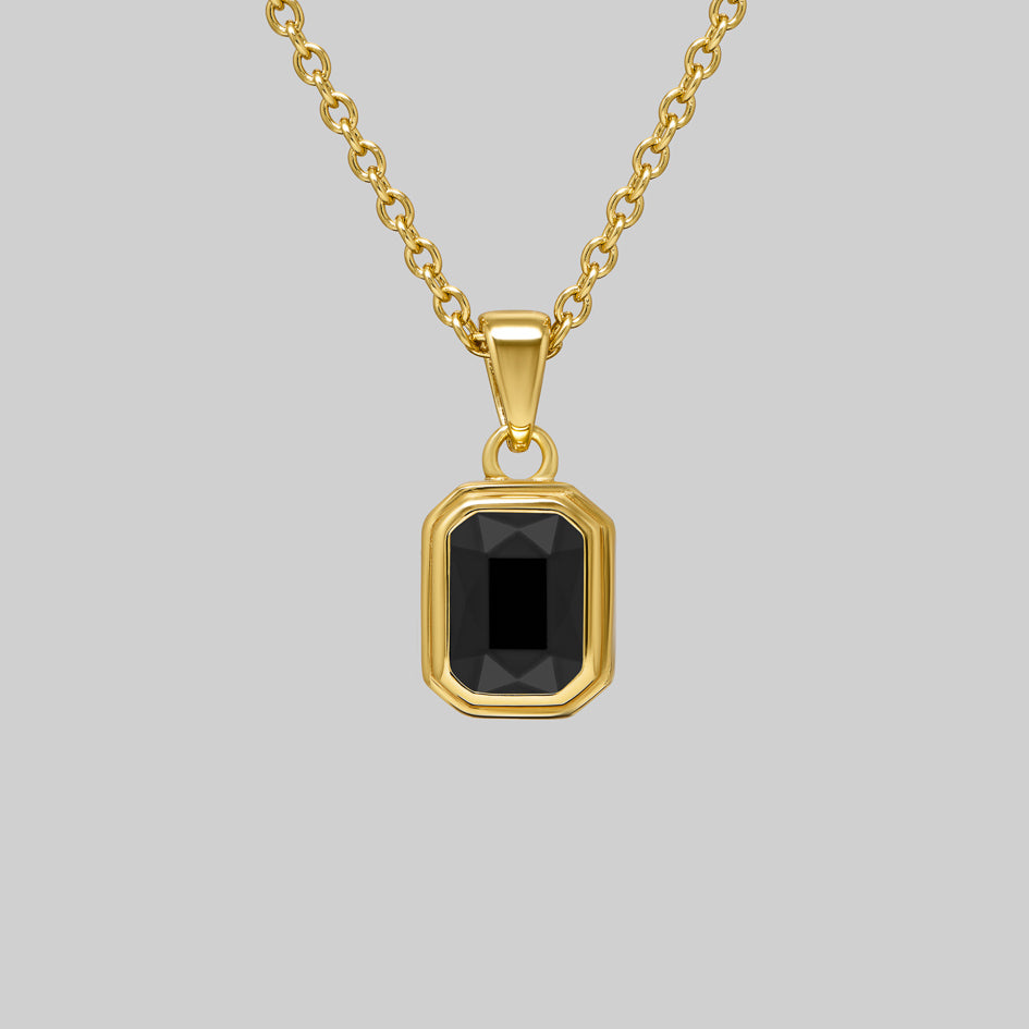 Gold cremation necklace with an emerald cut black Onyx pendant