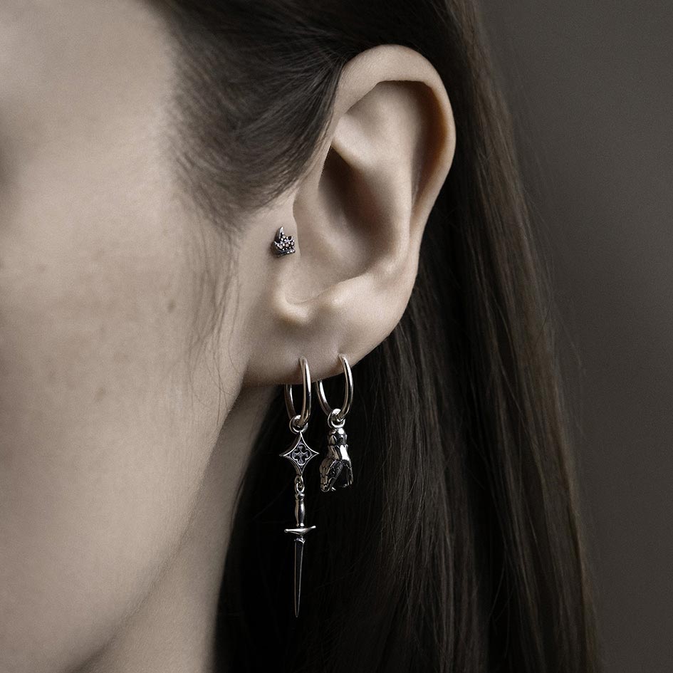 gothic flaming crown silver stud earring flat helix tragus piercing