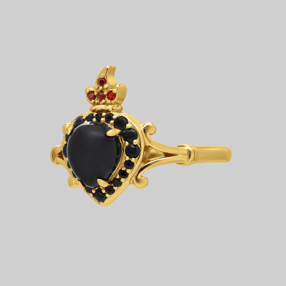 Gold sacred heart black onyx gothic flaming crown garnet ring