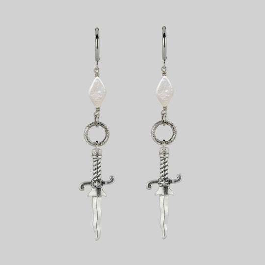 LAWLESS. Dagger and Pearl Hoop Earrings - Silver