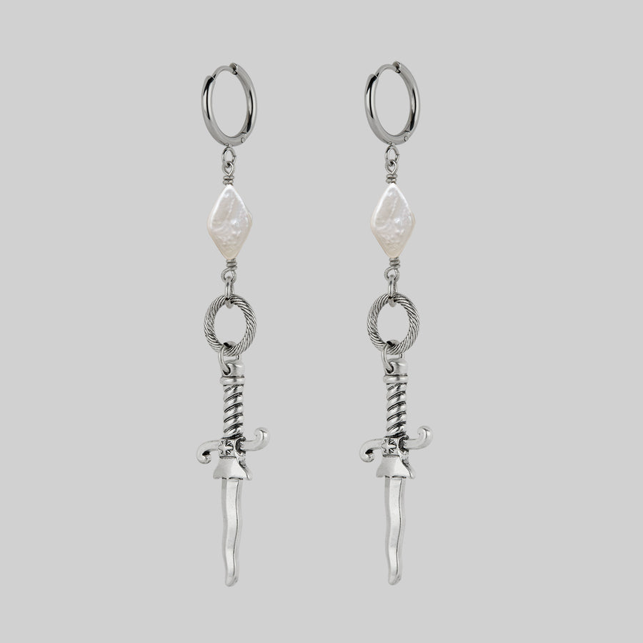 LAWLESS. Dagger and Pearl Hoop Earrings - Silver dagger kite pearl hoop earrings twisted silver