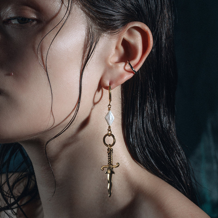 dagger kite pearl hoop earrings twisted gold