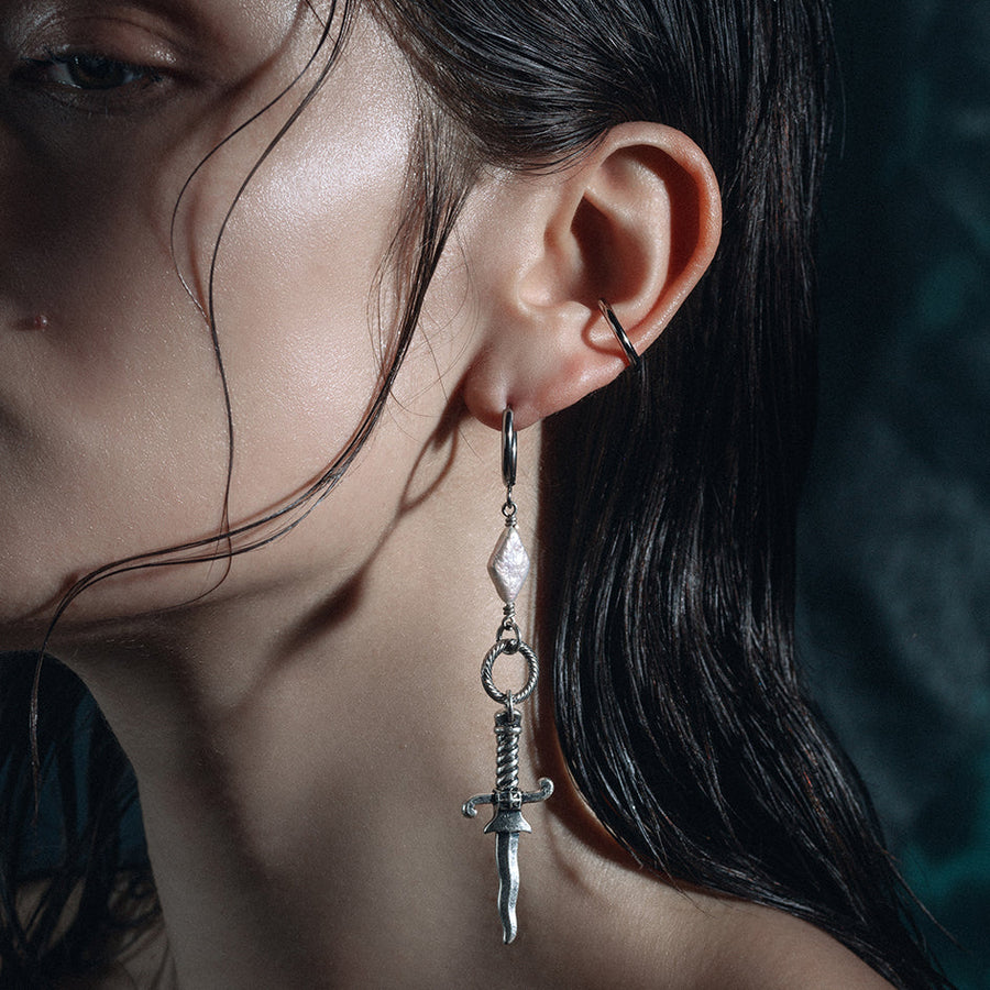LAWLESS. Dagger and Pearl Hoop Earrings - Silver dagger kite pearl hoop earrings twisted silver