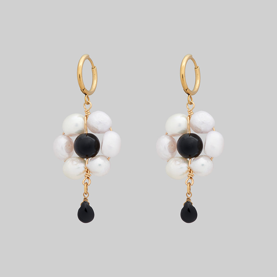 gold pearl black daisy hoop earrings