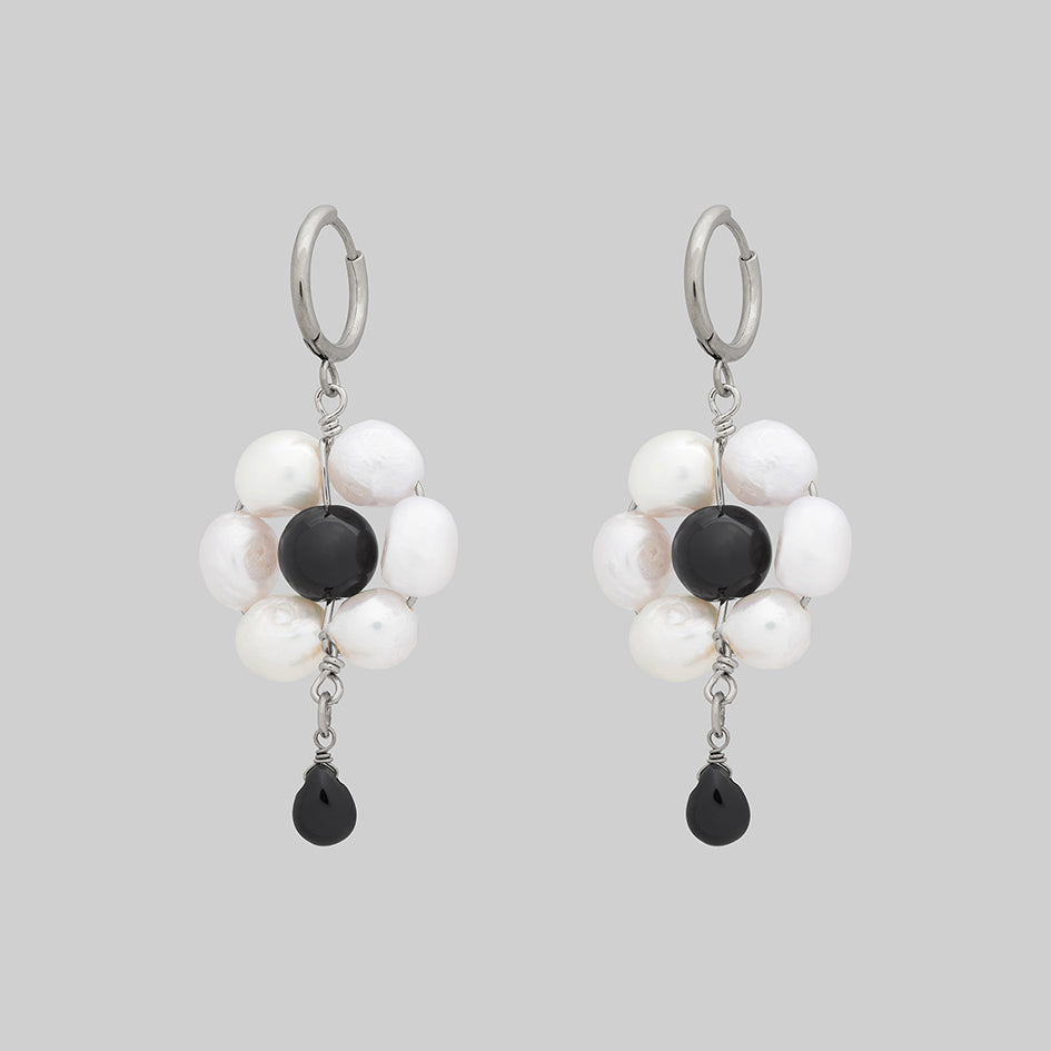 silver pearl bead floral whimsical hoop earrings