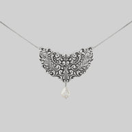 antique filigree plate ornate swirls teardrop pearl gothic silver necklace