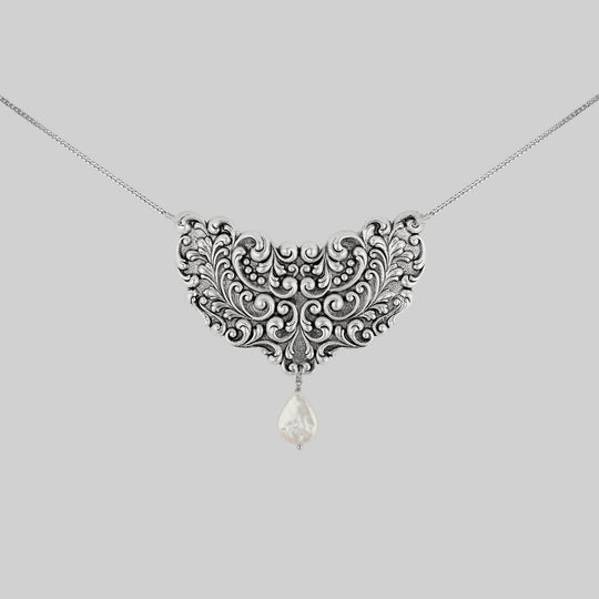 LONGLOST. Ornamental Teardrop Pearl Necklace - Silver