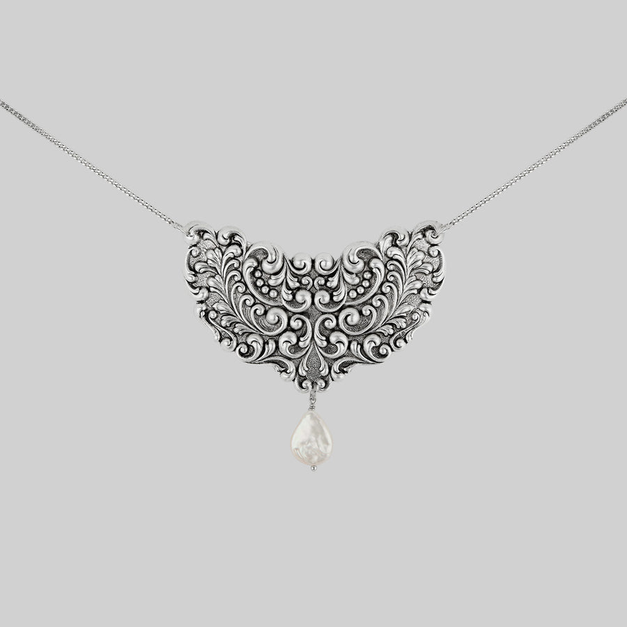 antique filigree plate ornate swirls teardrop pearl gothic silver necklace