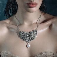 antique filigree plate ornate swirls teardrop pearl gothic silver necklace