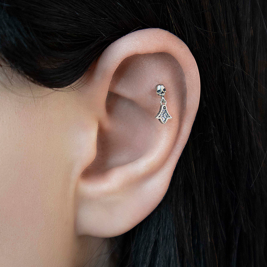 LUX. Skull & Fan Drop Stud Earring - Silver skull and fan drop stud silver earring
