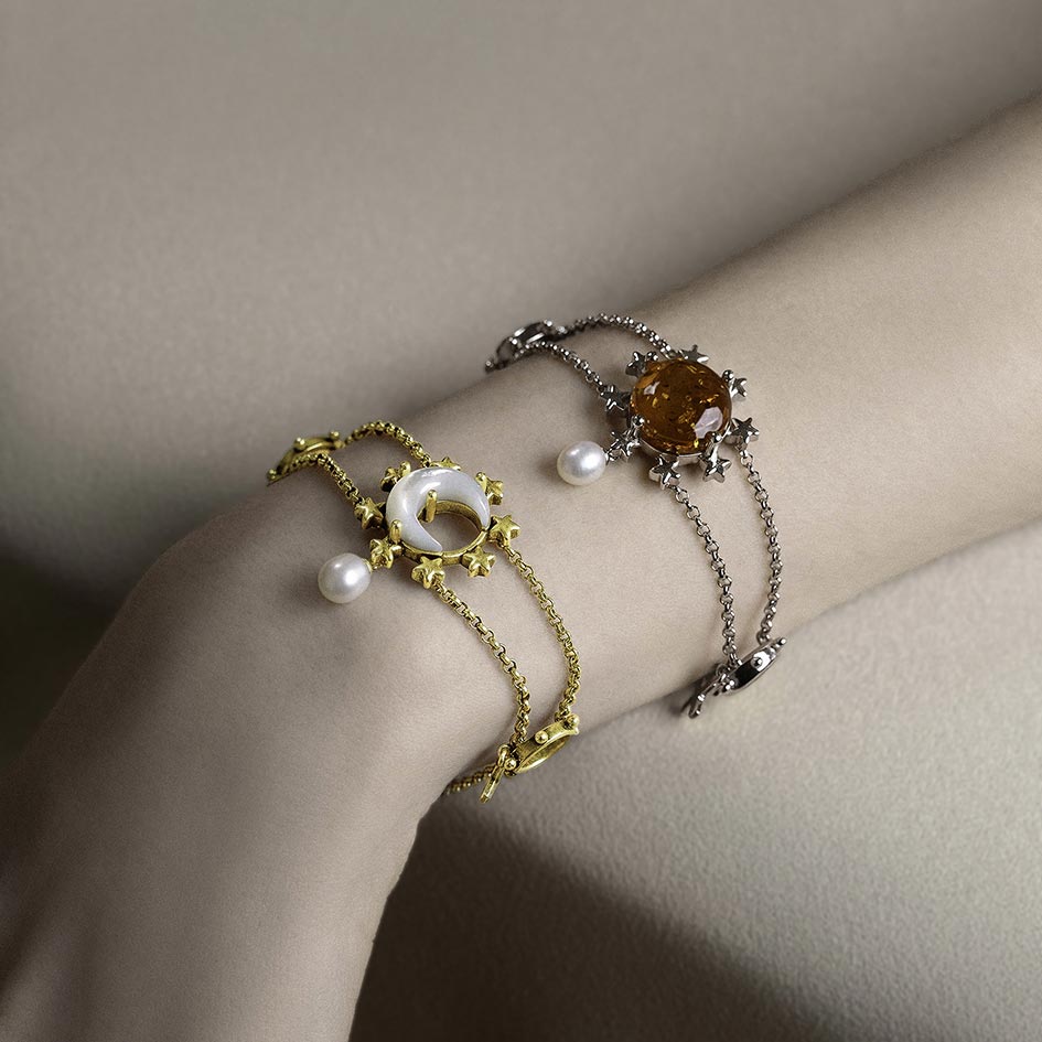 Sun pearl star amber gemstone double layer bracelet