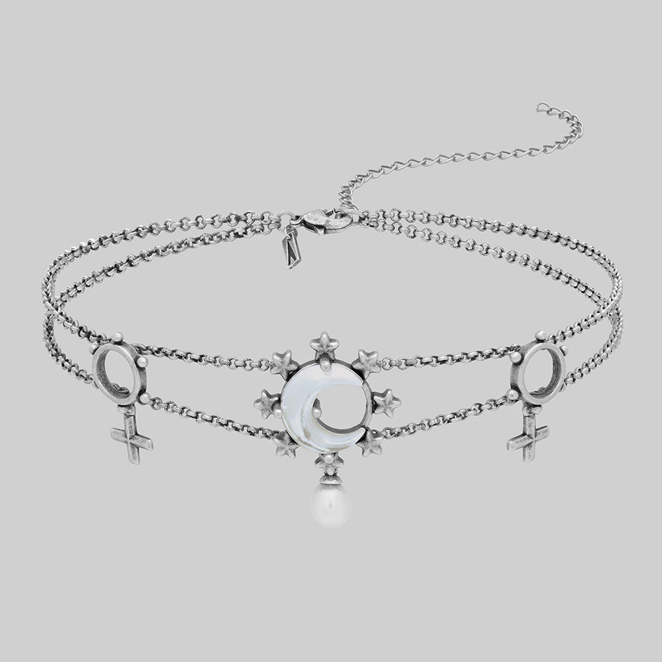 Silver crescent moon pearl gothic choker
