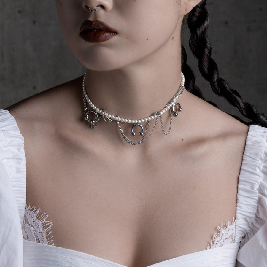 DECADENCE. Pearl & Chunky Barbell Collar - Gold hand strung pearl necklace