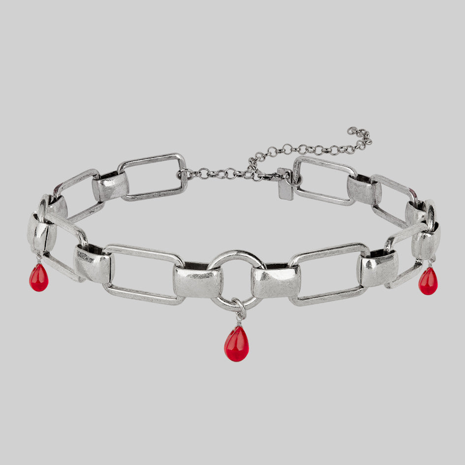 silver chunky chain choker with red drops