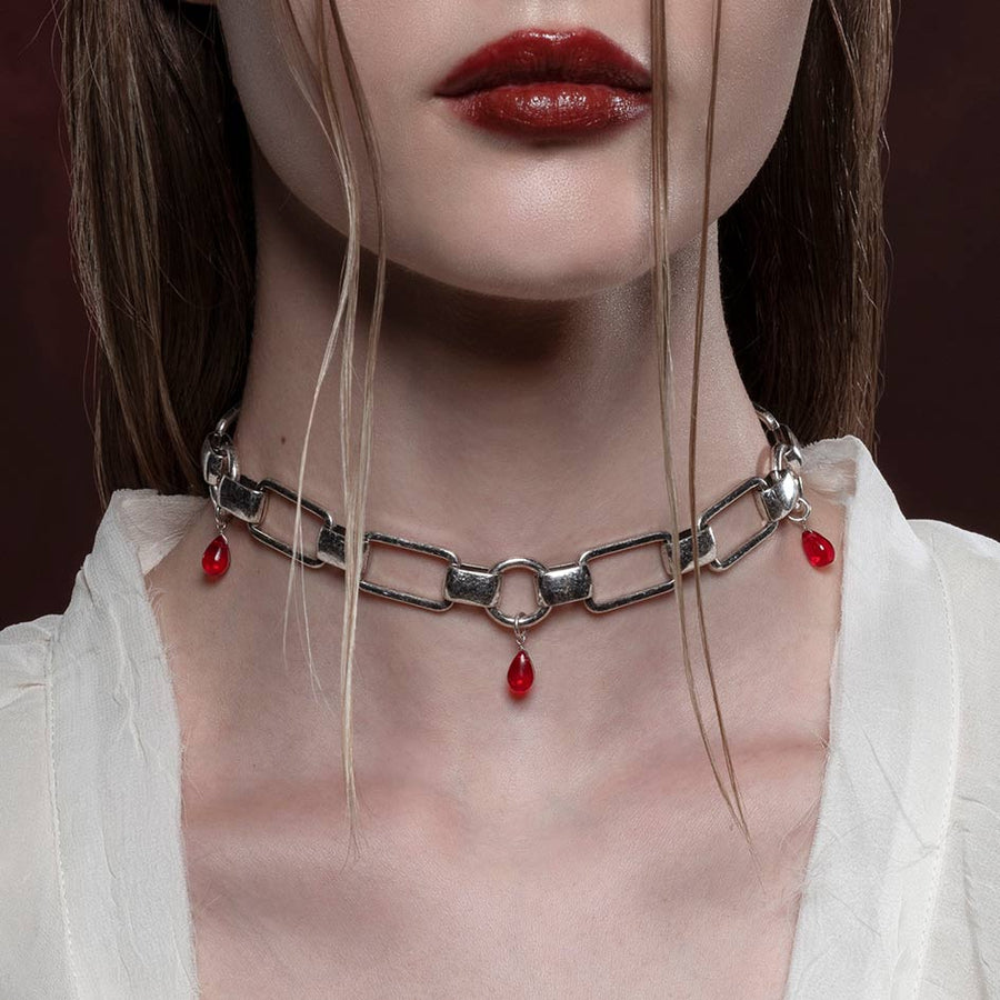 MALEVOLENT. Red Glass Droplet Chunky Chain Choker - Silver silver chunky choker with red droplets
