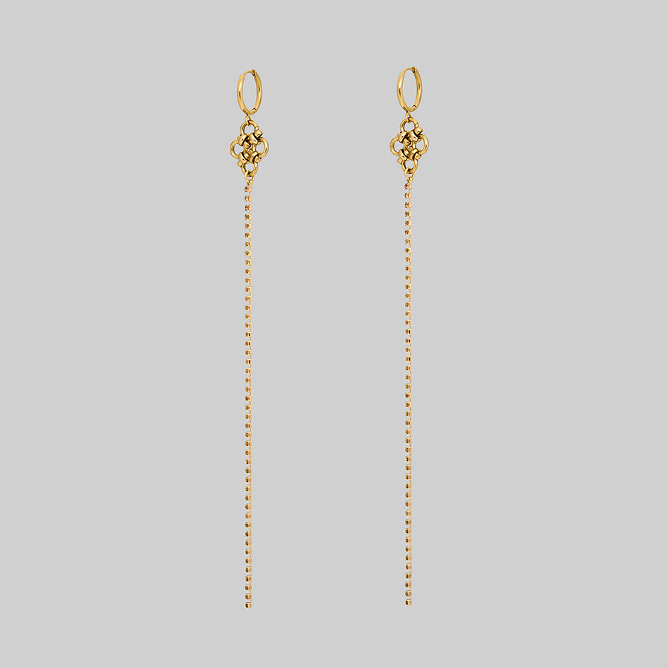 Maryse 18k gold plated light champagne cubic zirconia chainmail dazzle chain hoop earrings, side view