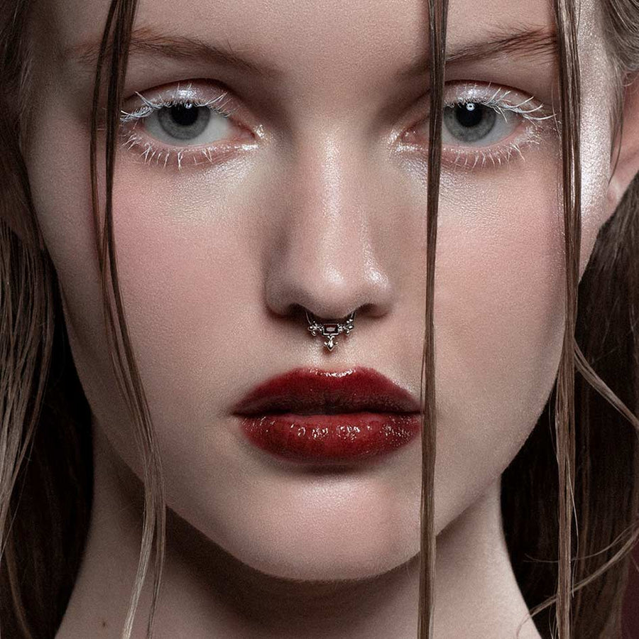 MUTINY. Medieval Garnet Septum Clicker Ring - Silver fleur de lis septum daith forward helix clicker ring with garnet