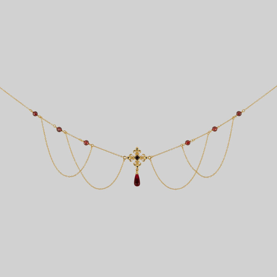 MUTINY. Fleur de Lis Multi-Drop Garnet Collar - Gold gold fleur-de-lis necklace with garnet and cz