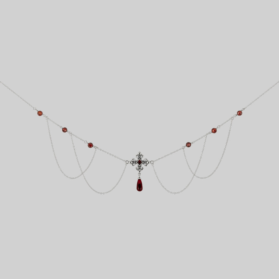 MUTINY. Fleur de Lis Multi-Drop Garnet Collar - Silver silver fleur-de-lis multi-drop red glass cz beads garnet collar