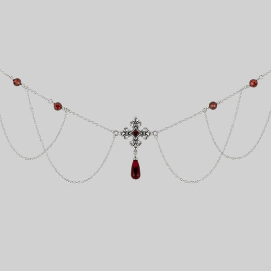 MUTINY. Fleur de Lis Multi-Drop Garnet Collar - Silver