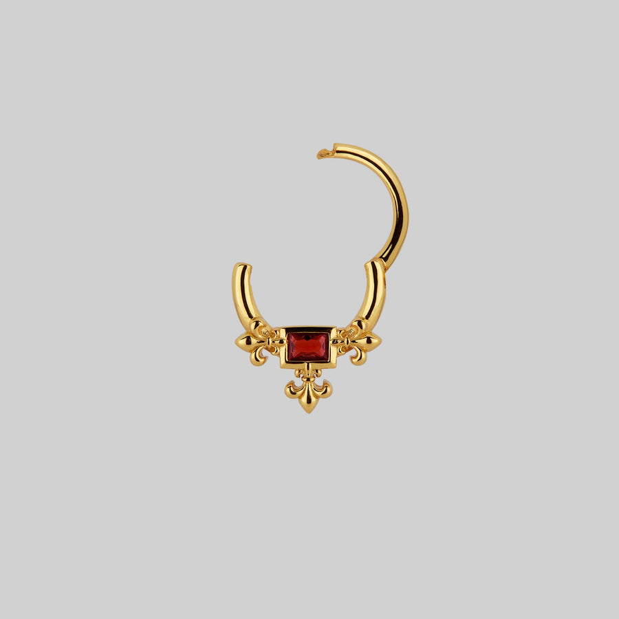 MUTINY. Medieval Garnet Septum Clicker Ring - Gold gold medieval garnet septum daith forward helix clicker ring