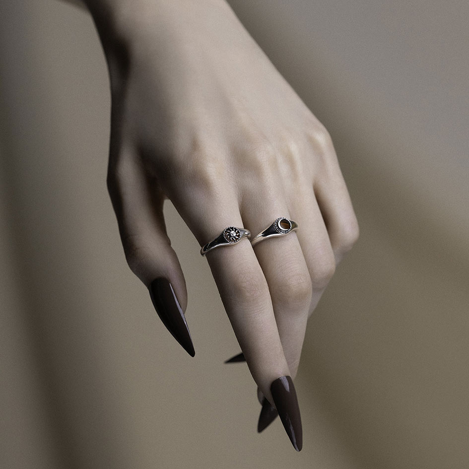 Silver gothic sun moon signet ring