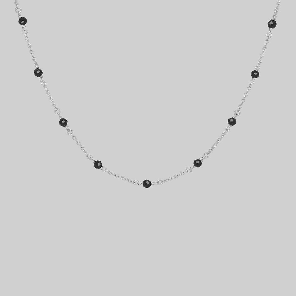 Odette silver black spinel bead necklace, front view