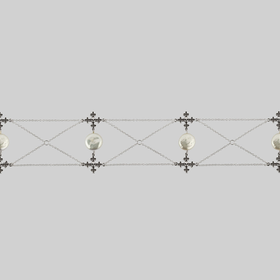 OPHELIA. Medieval Cross Choker - Silver skull and cross chain choker