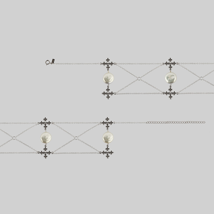 OPHELIA. Medieval Cross Choker - Silver skull and pearl chain choker