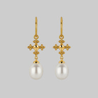 dainty cross and pearl drop hoop earrings