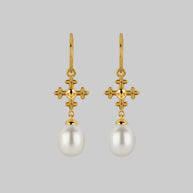 dainty cross and pearl drop hoop earrings