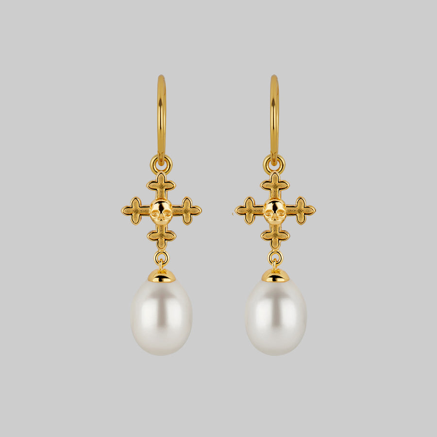 dainty cross and pearl drop hoop earrings